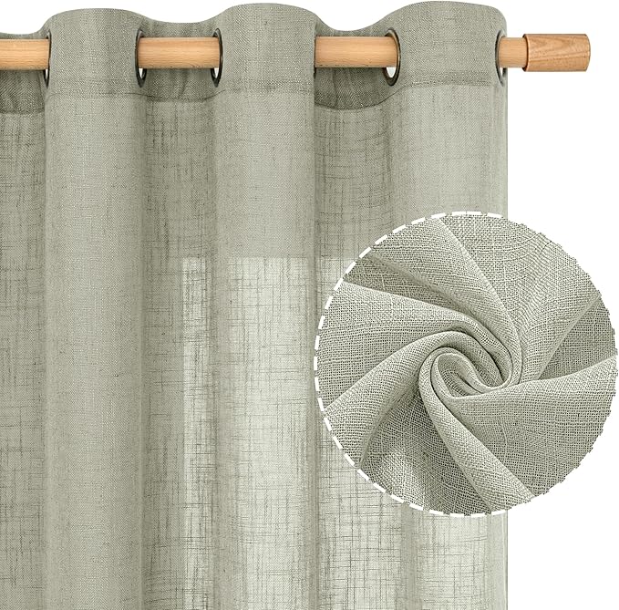 LAMIT Short Linen Curtains 40 Inch Length, Sage Grey Small Window Semi Sheer Drapes Light Filtering Bronze Grommet Neutral Panels for Cafe/Basement, 2 Panels Set, 34 x 40 Inch