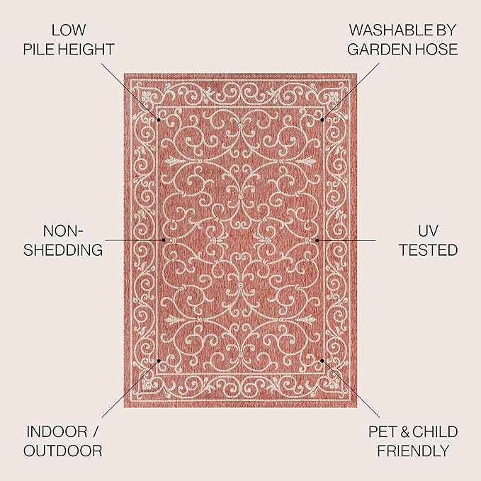 JONATHAN Y Vintage Filigree Indoor Outdoor Square Area Rug 6X6 Red/Beige, Charleston Textured Weave for Backyard, Patio, Porch, Easy-Cleaning, High Traffic, Pet-Friendly, Non-Shedding (SMB106B-6SQ)