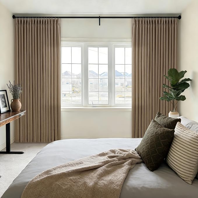 Brown Pinch Pleated Semi Sheer Thick Linen Curtains 105 Inch Long | Light - Image 8