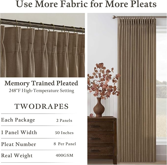 Pleated Linen 120 Inches Light Filtering Dark Brown Ceiling Curtains 50W | - Image 2