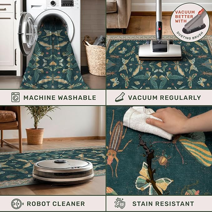 2x10 Hallway Runner Rug, Washable Foldable Green Boho Carpet - Image 5