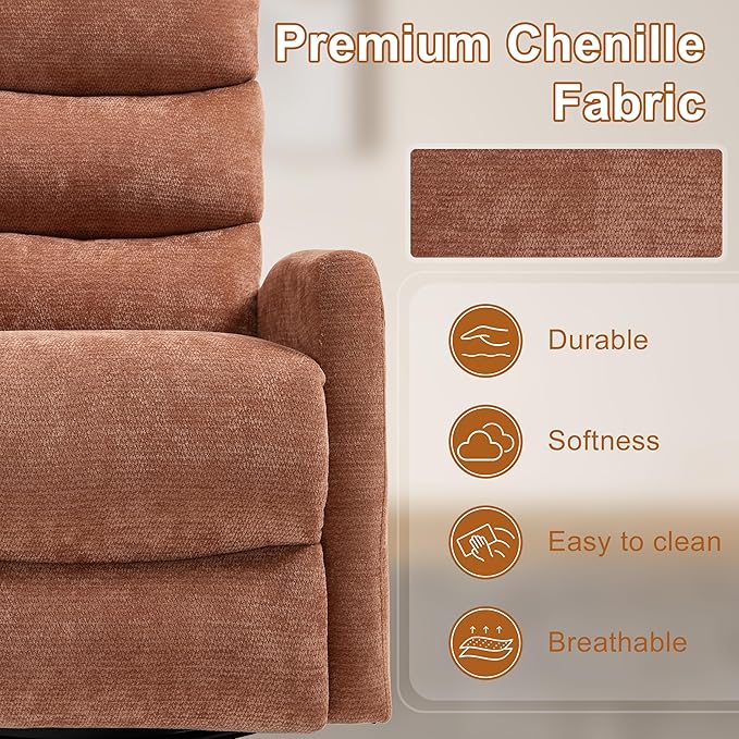 Manual Swivel Rocker Recliner Chair for Adults, Overstuffed Reclining Glider Chair for Nursing with Vibration Massage & Heat, Living Room Rocking Recliner 3-Stage backrest, Chenille Fabric Orange