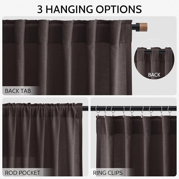 Nanspring Cocoa Coffee Linen Blend Light Filtering Back Tab Curtains 108 Inches - Image 3