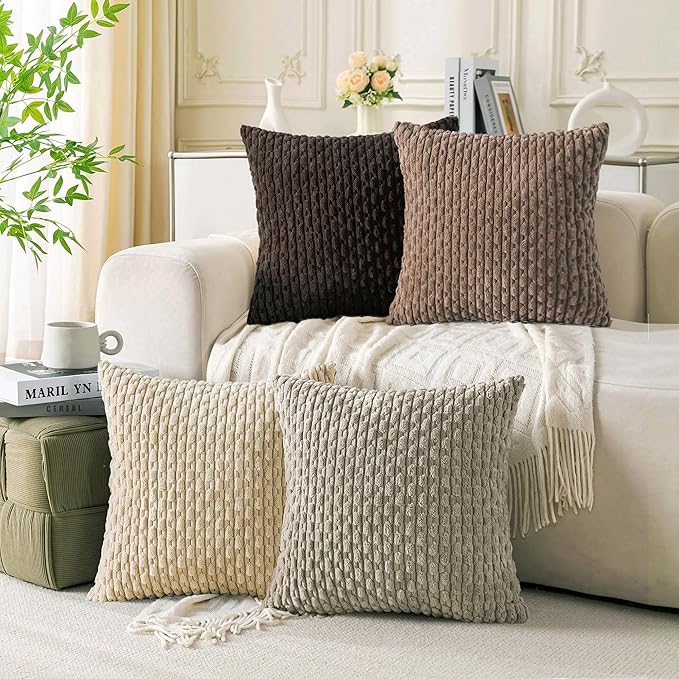 Set of 4 Beige Brown Coffee Decorative Throw Pillow Covers 16x16 Inch Corduroy by Cozoomy