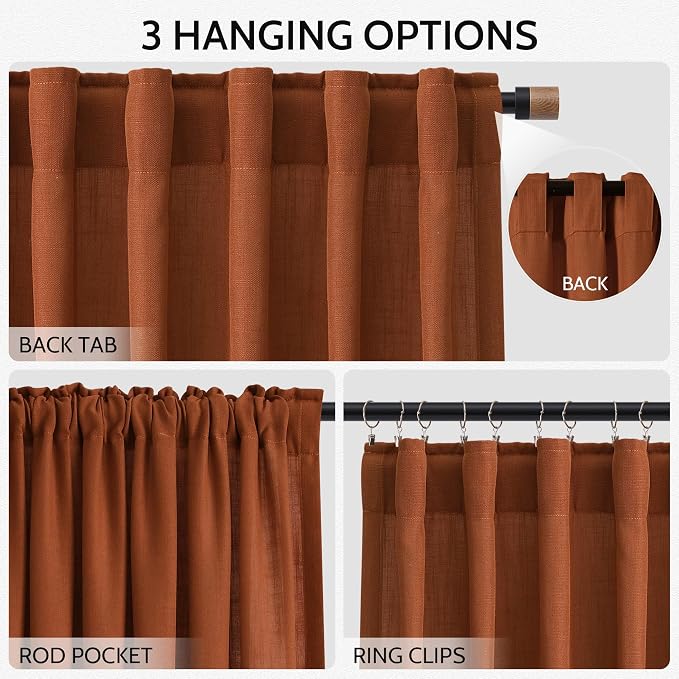 Nanspring Rust Linen Curtains 63 Inch Length - Image 2