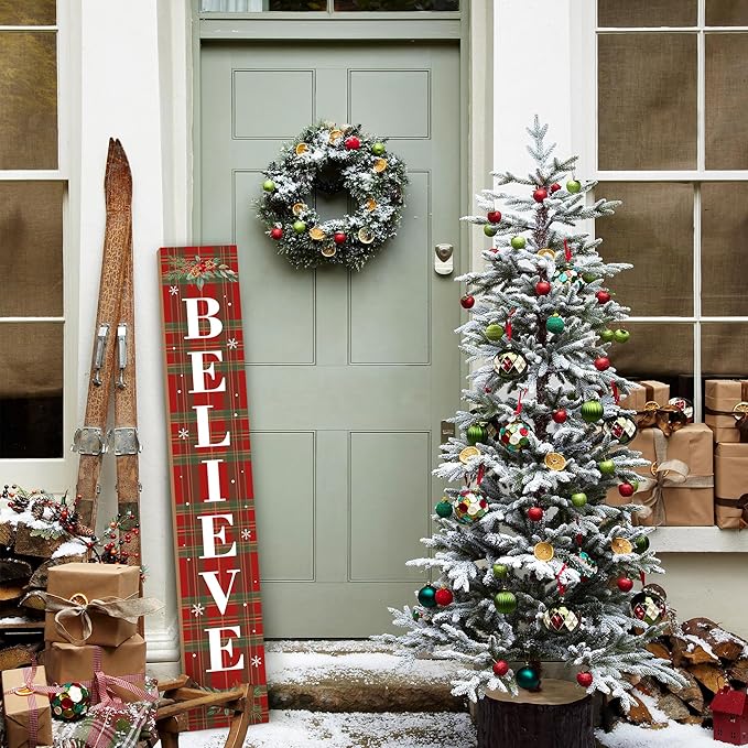 Winter Believe Porch Board Welcome Sign for Front Buffalo Plaid Door Porch Deck Patio or Wall - Indoor Outdoor Decorative Farmhouse Rustic Vertical Porch and Yard Decor - 47.2"H