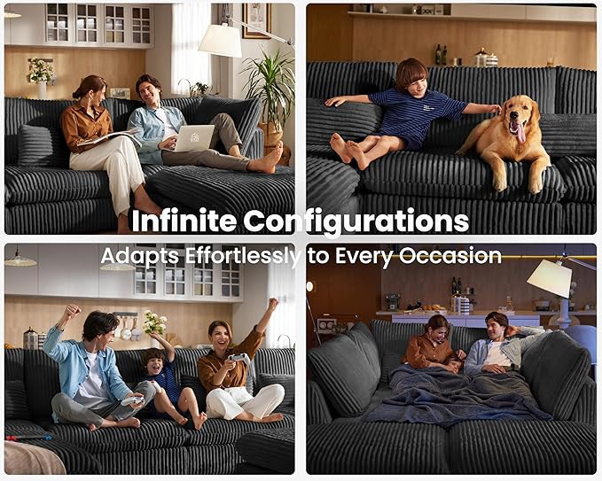 Oversized Modular Sofa, Extra Deep Cloud Corduroy Sectional Couch with Ottoman Chaise, Fluffy Chenille Corner V Shape Sofa for Living Room, Villa (Corner V Shape+Ottoman, Corduroy Black)