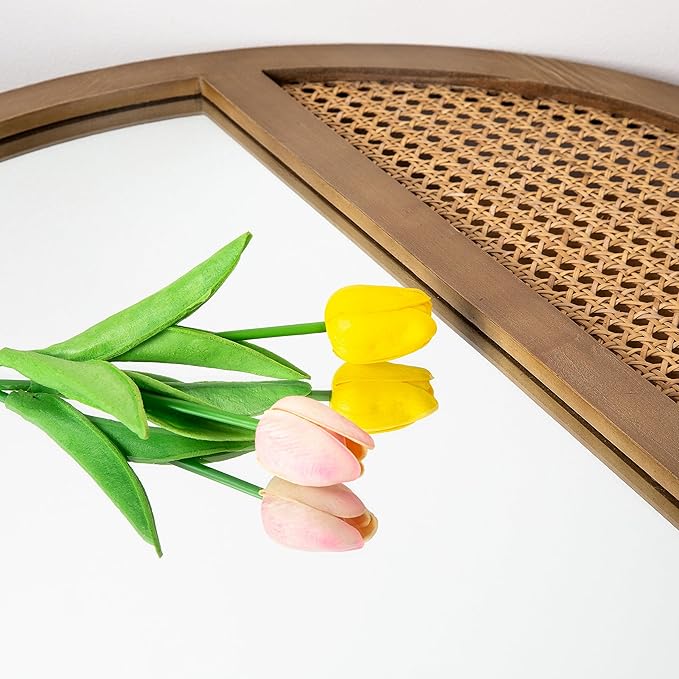 Rattan Round Mirror, 24 Inch Wall Mirror for Living Room Decor, Wooden Framed, Vintage Hanging Mirror, Hand-Woven for Wall Art Decoration