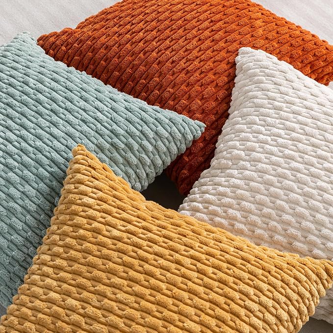 Set of 4 Yellow Rust Aqua Decorative Throw Pillow Covers 12x20 Inch Corduroy - Image 4