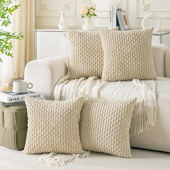 Set of 4 Beige Decorative Throw Pillow Covers 20x20 Inch Corduroy Pillow Covers by Cozoomy