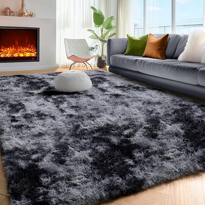 Abstract Fluffy Shaggy Rugs for Living Room Kids Room 5x8 Ft, Tie-Dyed Grey | - Image 5