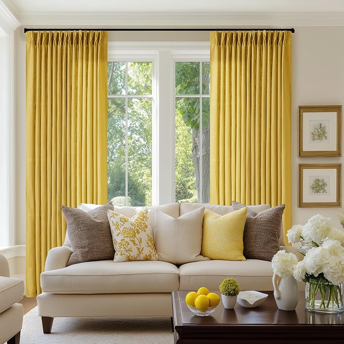 Mustard Yellow Pleated Semi Sheer Linen Curtains 120 Inches Long 2 Panel | - Image 8