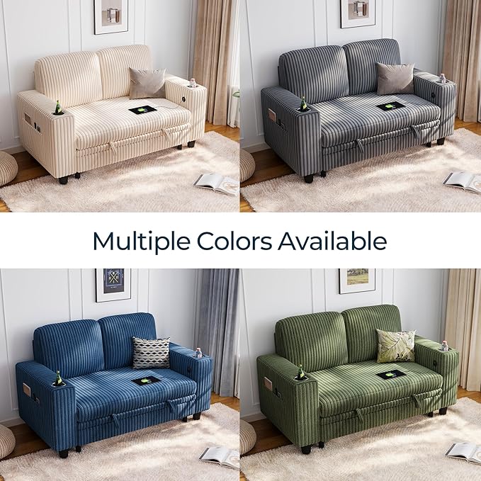 LINSY HOME Loveseat Sofa with Pull Out Couch Chaise: 2-in-1 Convertible 2 Seater Sofa with USB Charging & Cup Holders, Comfy Plush Corduroy Love Seat for Small Spaces Living Room Apartment, Beige