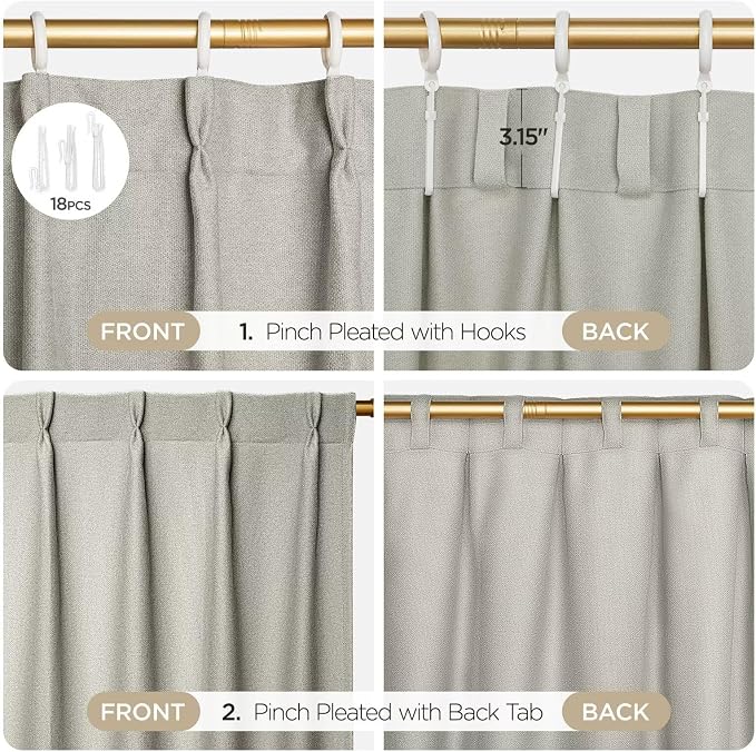 Joydeco Greyish White Pinch Pleated Thick Linen Curtains 90 Inch Long 2 Panel - Image 5