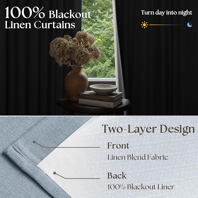 Light Blue Linen Memory Trained Black Out Pleated 105 Inch Curtains 2 Panel | - Image 3