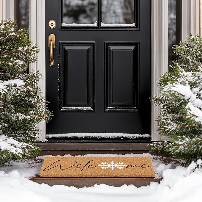 Barnyard Designs Natural Coco Coir Christmas Doormat - Large Cute Non-Slip Heavy Duty Backing Door Mat for Outside Entrance or Porch Entry, Brown (17x30, Winter Snowflake)