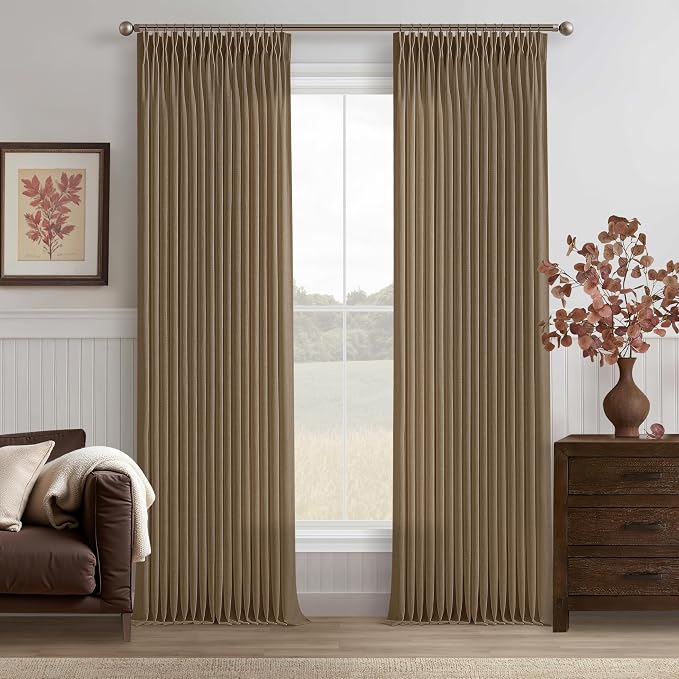 90 Inch Pinch Pleated Dark Brown Memory Shape Linen Semi Sheer Curtains 50W | by Twodrapes