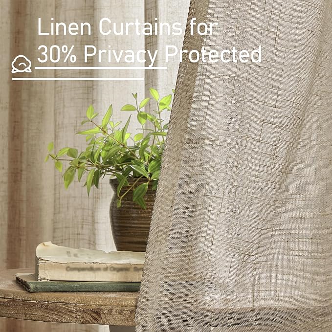 Linen Curtains 60 Inch Length 2 Panels, Light Filtering Sheer Panels | Faux - Image 5