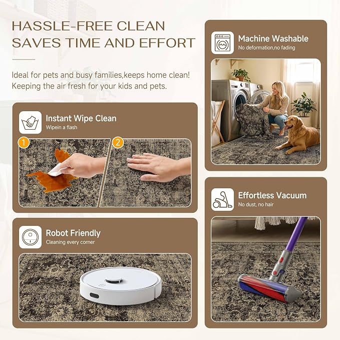 3x5 Brown Retro Floral Washable Area Rug - Image 6