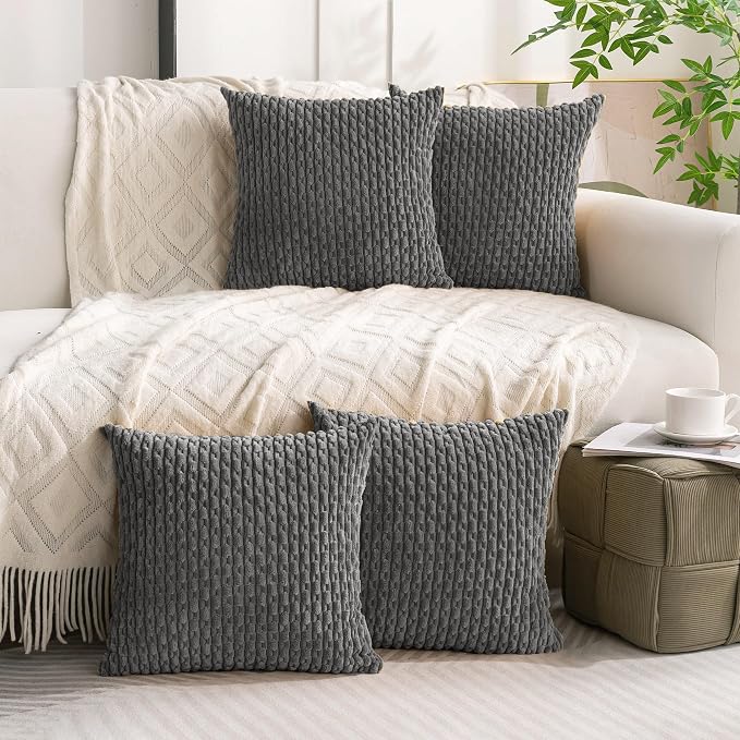 Set of 4 Dark Grey Decorative Throw Pillow Covers 18x18 Inch Corduroy Pillow - Image 2