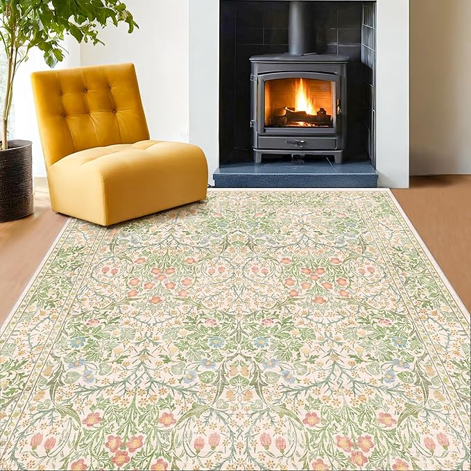 Hazo Haus Light Beige Green Floral Living Room Rug, 7x9 Washable Area Rug by HazoHaus