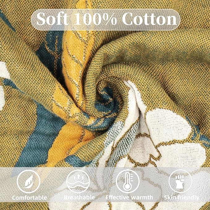 Boho Throw Blanket for Bed - 100% Pure Cotton Ultra Soft Rustic Quilt - Farmhouse Decor Bed Blankets, All Season Rustic Throw for Sofa Couch Chair(60"×80", Flower Branch)