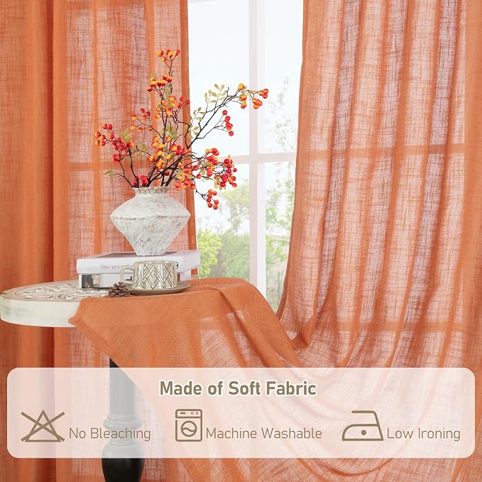 Burnt Orange Semi Sheer Linen Curtains 63 Inch Length, Light Filtering Panels - Image 9