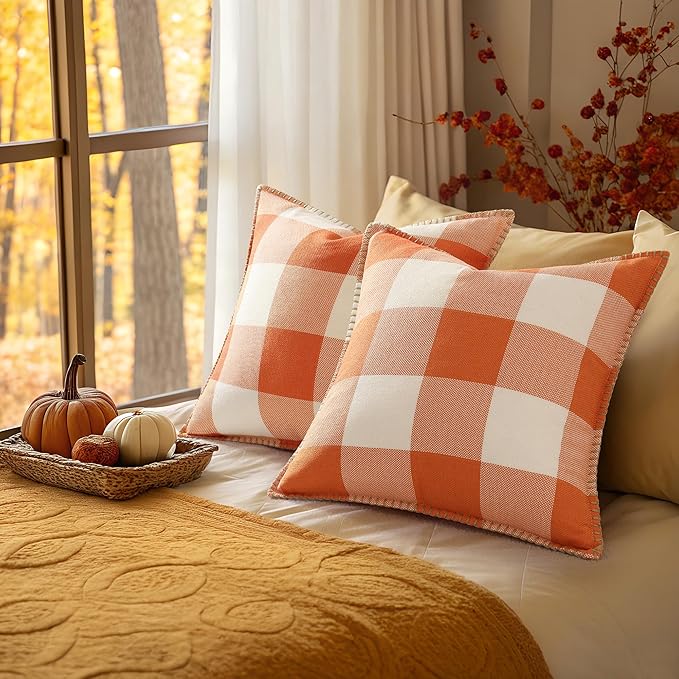 decorUhome Fall Orange and White Decorative Throw Pillow Covers 22x22 Set of 2, Buffalo Plaid Check Farmhouse Cushion Covers with Stitched Edge for Autumn Harvest Couch Sofa Bed Home Decor