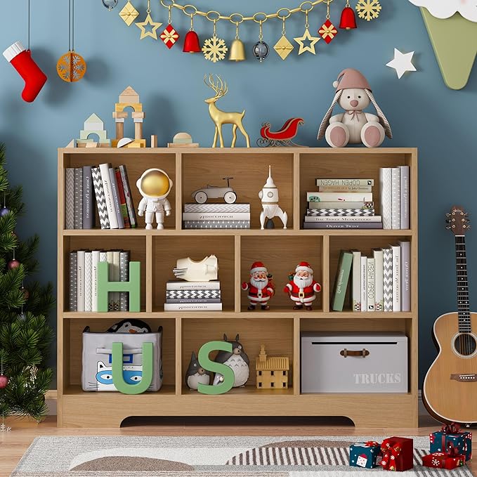 Book Shelf, 10 Cubes Storage Organizer, 3-Tier Open Shelf Wooden Bookcase, Freestanding Wooden Bookshelf Cube Shelf for Bedroom, Living Room