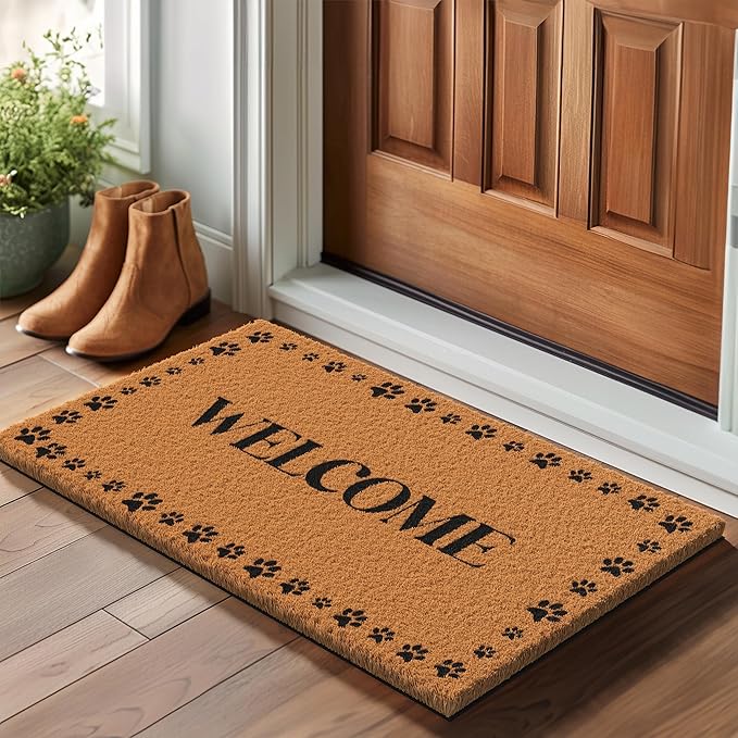 Barnyard Designs Natural Coco Coir Heavy Duty Backing Doormat - Large Cute Non-Slip Front Door Welcome Mat for Outside Entrance or Porch Entry, Brown (17x30, Welcome Paws)