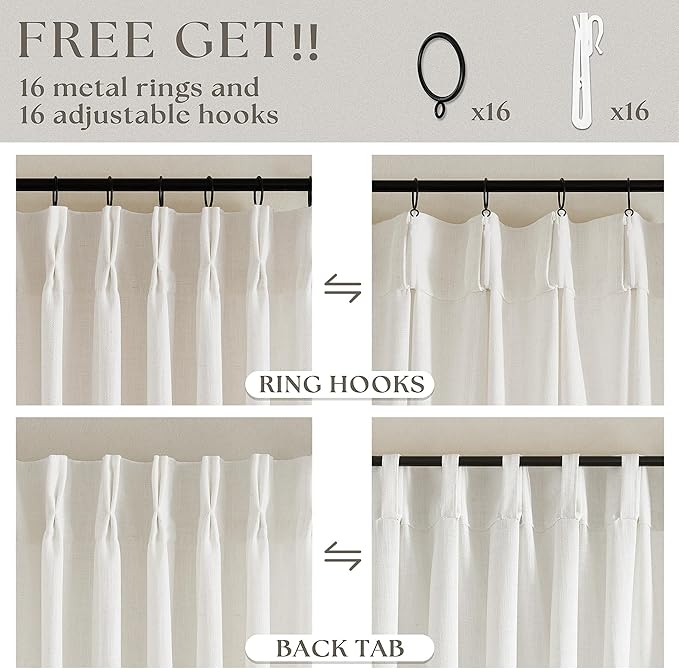 Natural Pinch Pleated Linen Curtains 112 Inches Long 2 Panels Set | Memory - Image 5