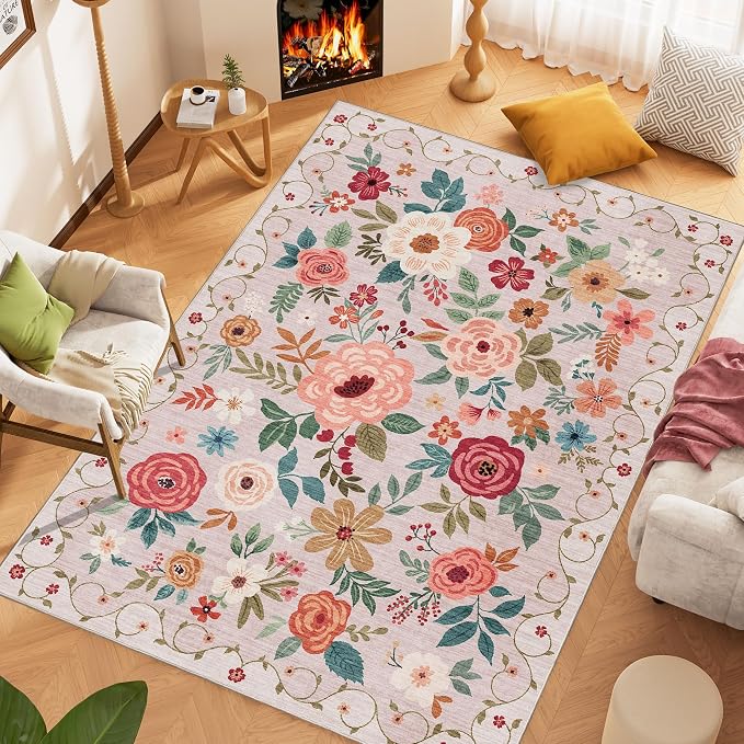 DUKINO 9x12 Area Rug for Living Room, Floral Washable Rug Non Slip, Low Pile - Image 9