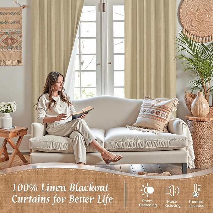 100% Blackout Curtains for Living Room 95 Inches 2 Panels, Burlap | Linen - Image 3