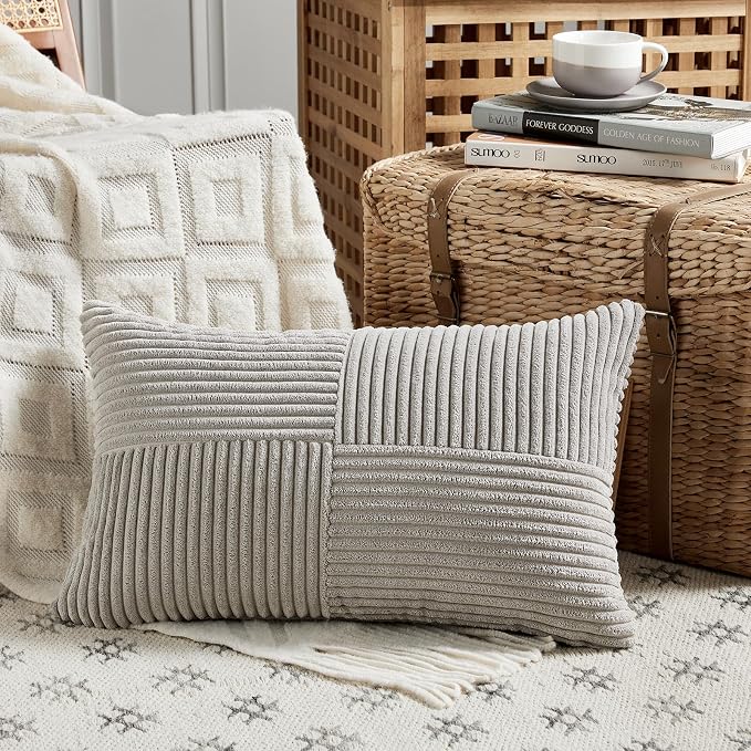 Fancy Homi 2 Packs Neutral Grey Lumbar Decorative Throw Pillow Covers 16x28 Inch - Image 2