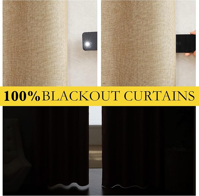 NICETOWN 100% Blackout Camel Linen Curtains 95 inches Length - Image 2