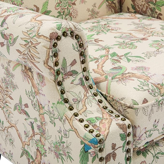 UIXE High Back Floral Accent Chair, Fabric Upholstered Armchair for Living Room, Retro Wingback Arm Chair with Solid Wood Legs, Nailhead Trim Single Sofa Bedroom Reading Seat - Bird Pattern