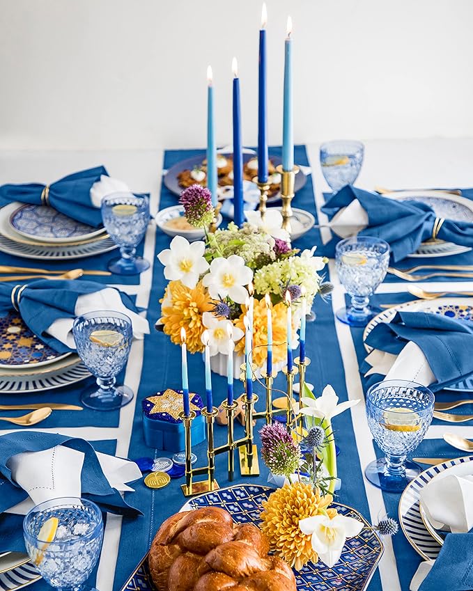 Solino Home Linen Indigo Blue Hemstitch Table Runner 60 Inches - 100% Pure Linen Small Table Runner 14 x 60 Inch Ideal for Dresser and Coffee Tables - Classic Hemstitch - Fall, Autumn, Halloween