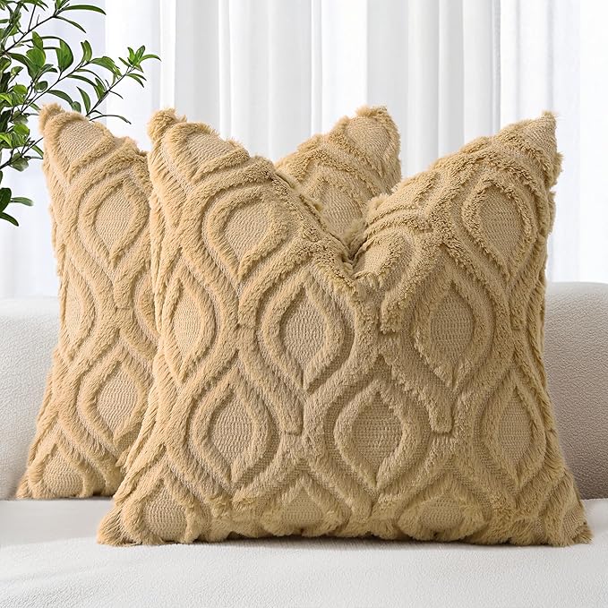 decorUhome Throw Pillow Covers 20x20 Inch Set of 2, Soft Plush Decorative Faux Fur Light Brown Solid Couch Pillow Covers, Accent Farmhouse Neutral Square Euro Pillow Cases for Sofa Bed Living Room