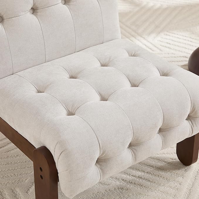 Modern Armless Accent Chair Set of 2 for Living Room, Beige Linen Button Tufted Upholstered Lounge Reading Chair with Walnut Wood Frame