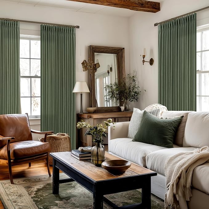 Dark Green Semi Sheer Privacy Linen Pinch Pleated Curtains 108 Inch Long | - Image 8