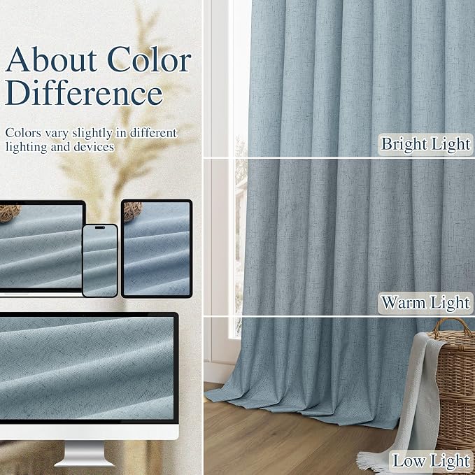 Blue 100% Blackout Linen Curtains 120 Inch Length 2 Panels Set - Image 7