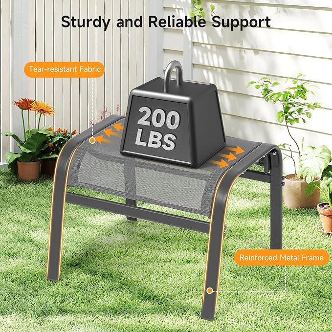 Outdoor Ottoman Set of 2, All Weather Outdoor Foot Stool with Supportive Textliene and Metal Frame, Stackable Oversized Outdoor Foot Rest for Furniture Patio Garden Pool, Grey