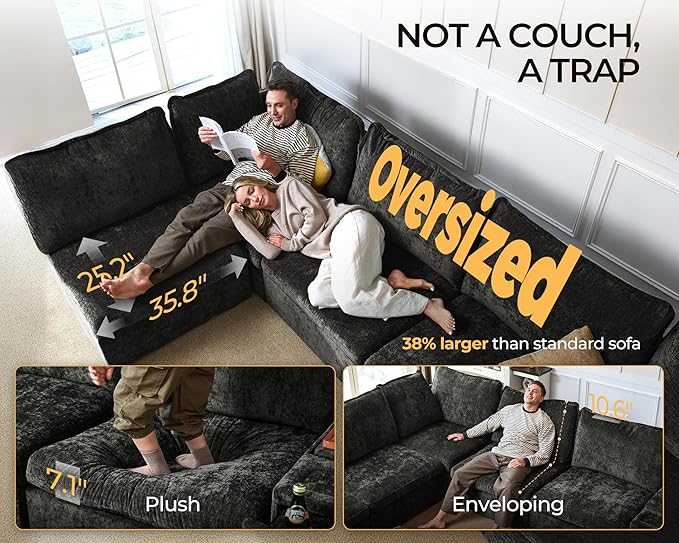 Oversized Modular Sofa Comfy Cloud Couch with Storage, Extra Deep Plush Sectional Sofa Set for Living Room, Covers Washable, Chenille, Olar (Black, 4-Seater with Ottoman, l-Shaped)