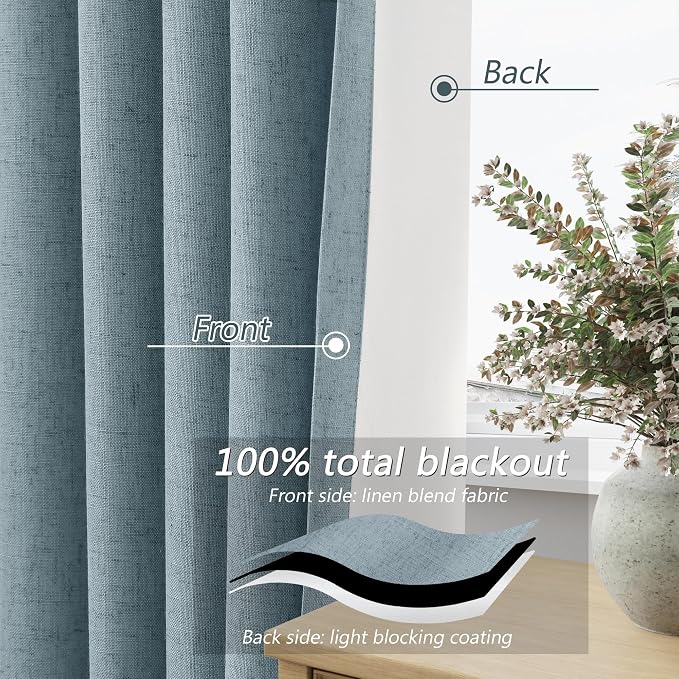 Blue 100% Blackout Linen Curtains 144 Inch Length 2 Panels Set - Image 3