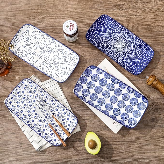 Selamica Ceramic Rectangular Serving Platters Set of 4, 12 Inch Serving Trays/Dishes for Party Entertaining, Rectangular Dinner Plates for Appetizer Salad Dessert Sushi, Vintage Blue