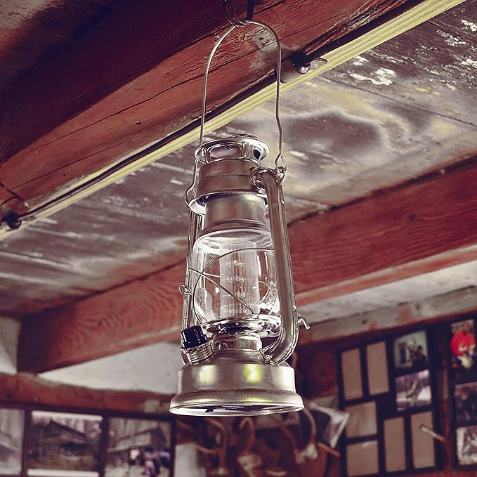 YAKii LED Vintage Lantern Metal Hanging Hurricane 12 LED Dimmer Switch Cold White Battery Operated Power Outage Indoor Camping Lighting Outdoor Brooklyn Decoration(Silver)