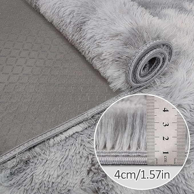 Super Soft Fluffy Living Room Area Rug 2x6 ft Tie-Dyed Light Grey Shaggy Furry - Image 5