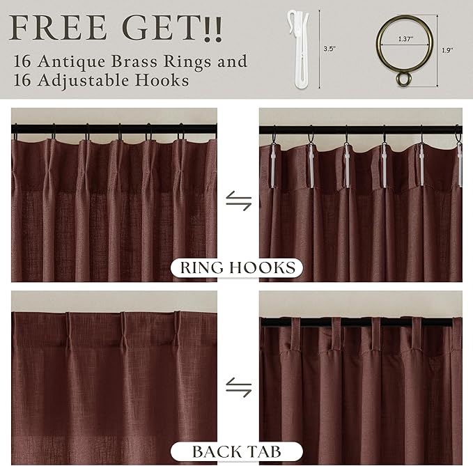 Linen Pleated Rust Brown Memory Trained Light Filtering Curtains 102 Inch | 102 - Image 3