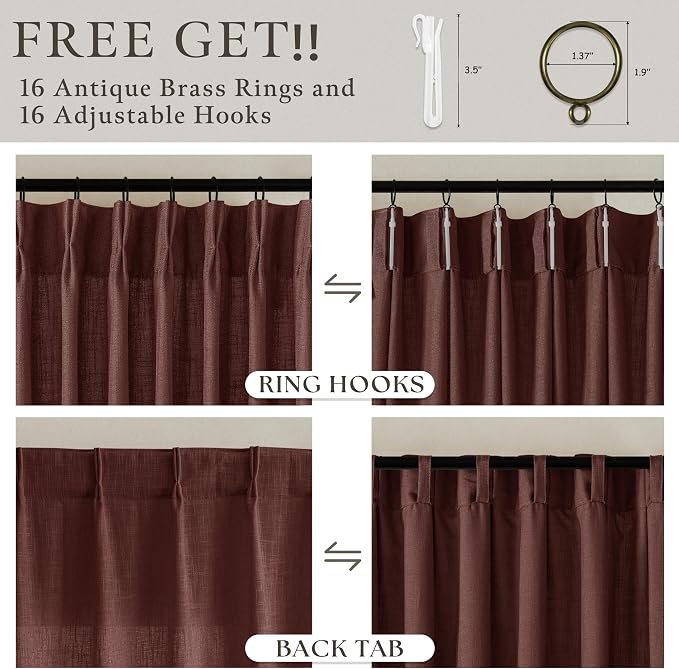 Chestnut Brown Thick Linen Pleated Light Filtering Curtains 96 Inch Long | - Image 3