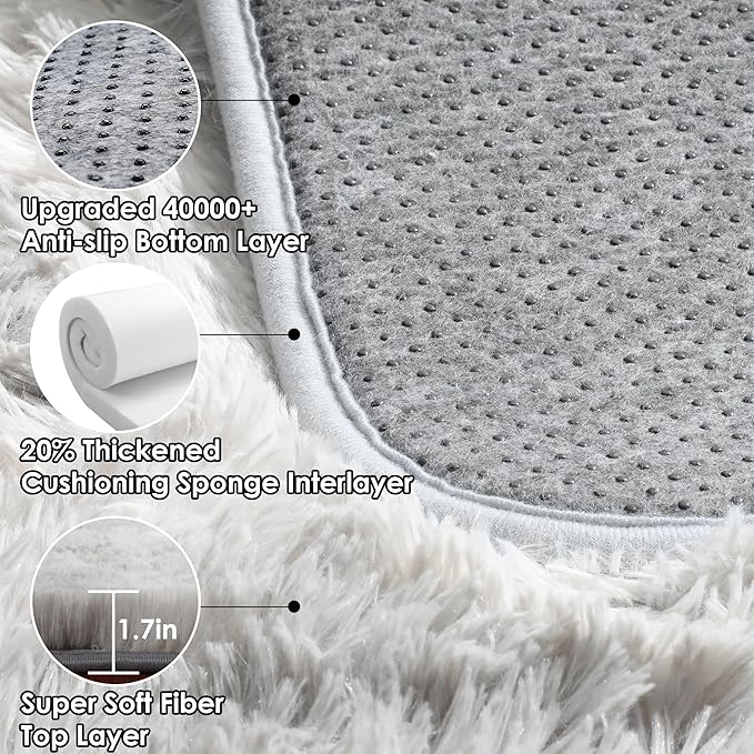Area Rugs for Bedroom Living Room, 4x6 Tie-Dyed Light Grey Fluffy Shaggy - Image 3